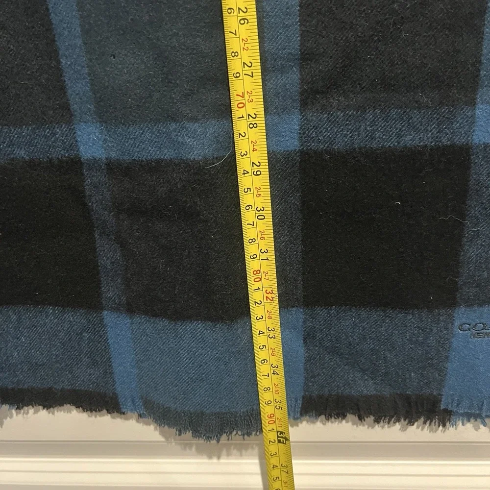 Coach Wool Cashmere Check Scarf Blue Black Plaid Oversized Wrap 72